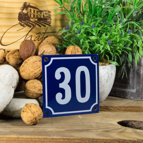 Emaille klein huisnummerbord blauw; nummer 30