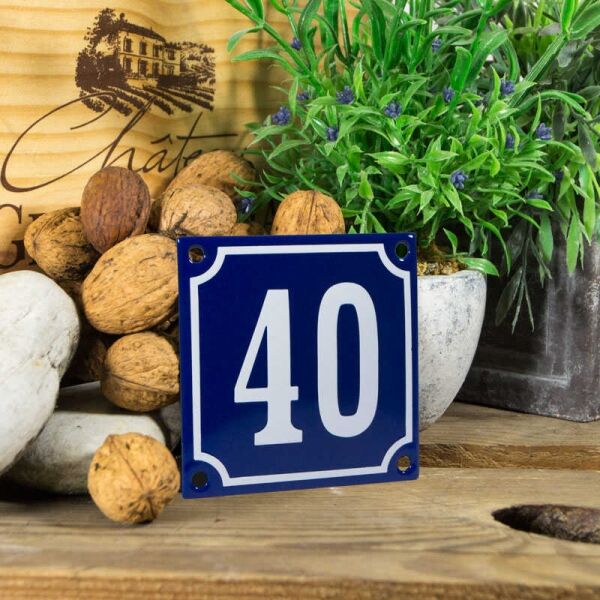 Emaille klein huisnummerbord blauw; nummer 40