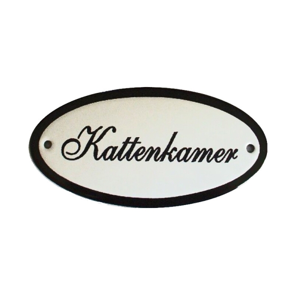 Emaille deurbordje met de tekst 'Kattenkamer'.