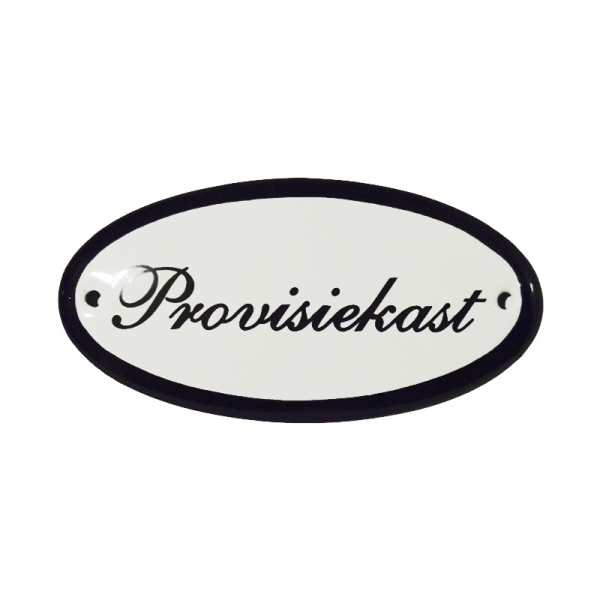 Emaille deurbordje met de tekst 'Provisiekast'.