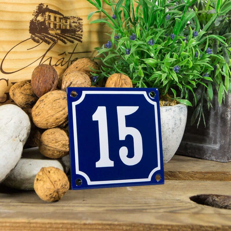 Emaille klein huisnummerbord blauw; nummer 15