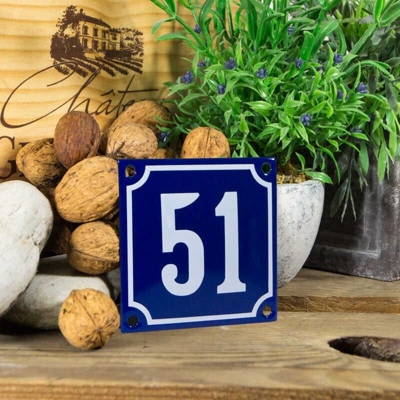 Emaille klein huisnummerbord blauw; nummer 51