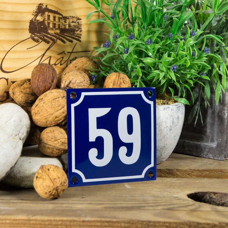Emaille klein huisnummerbord blauw; nummer 59