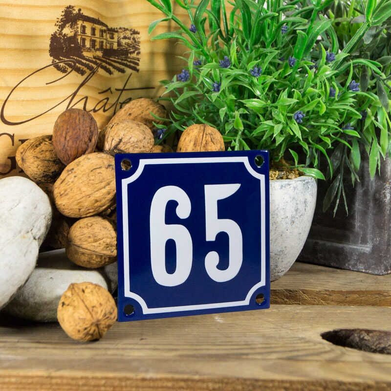 Emaille klein huisnummerbord blauw; nummer 65