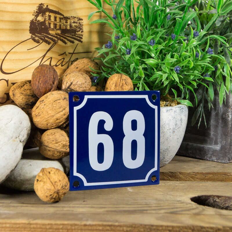 Emaille klein huisnummerbord blauw; nummer 68