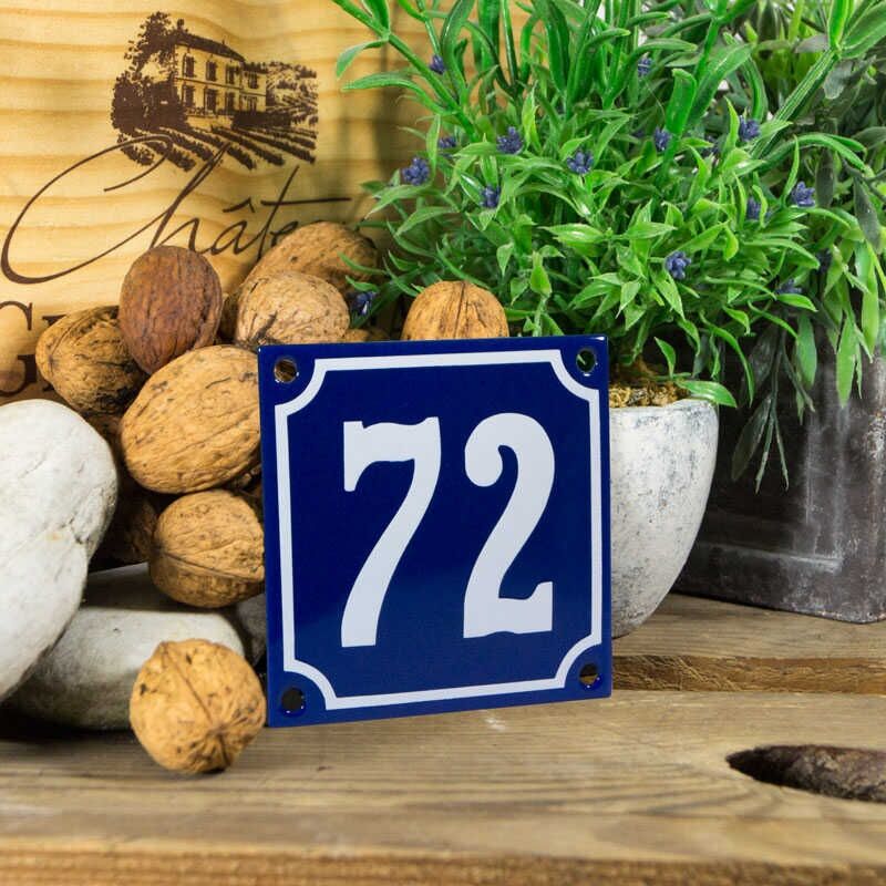 Emaille klein huisnummerbord blauw; nummer 72