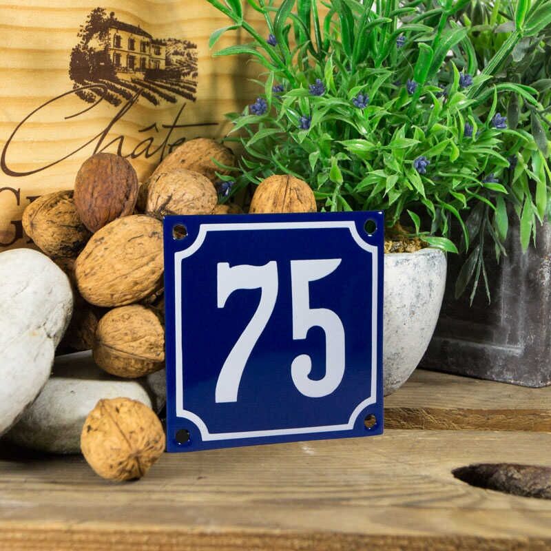 Emaille klein huisnummerbord blauw; nummer 75