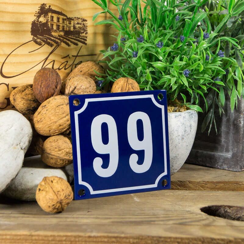 Emaille klein huisnummerbord blauw; nummer 99