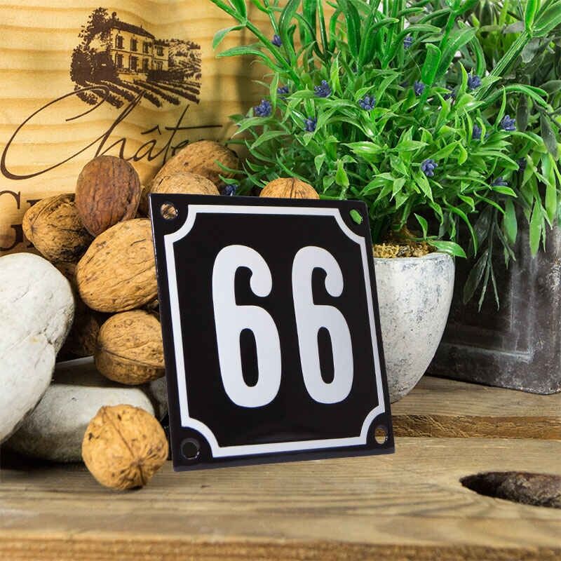 Emaille huisnummerbord 'zwart' klein nummer 66
