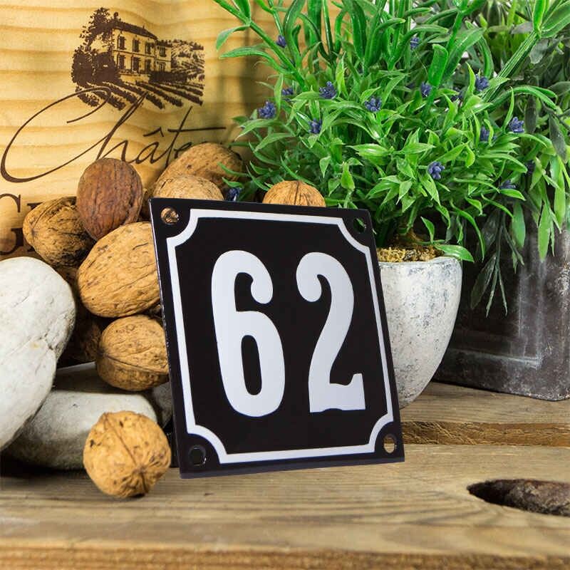 Emaille huisnummerbord 'zwart' klein nummer 62