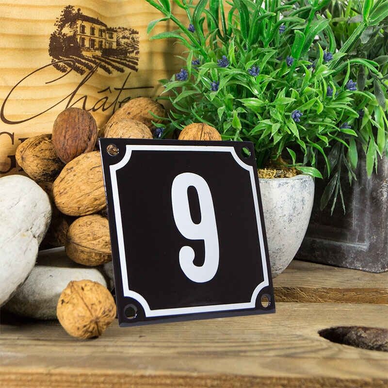 Emaille huisnummerbord 'zwart' klein nummer 9