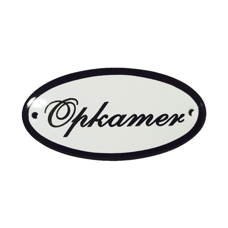 Emaille deurbordje met de tekst 'Opkamer'.