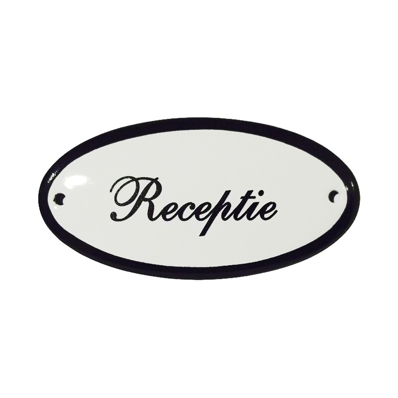 Emaille deurbordje met de tekst 'Receptie'.