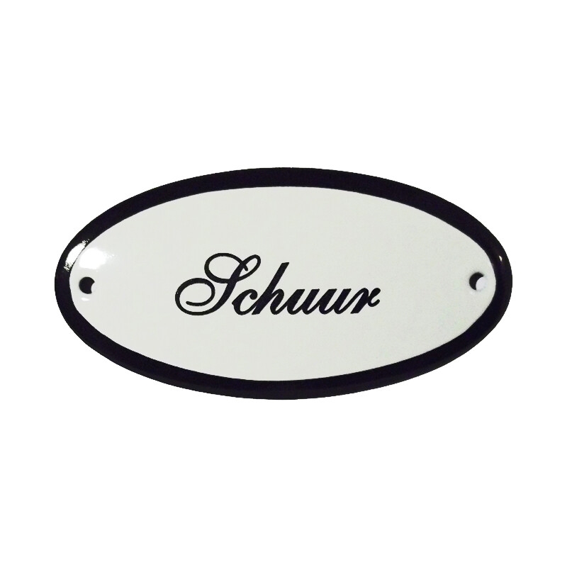 Emaille deurbordje met de tekst 'Schuur'.