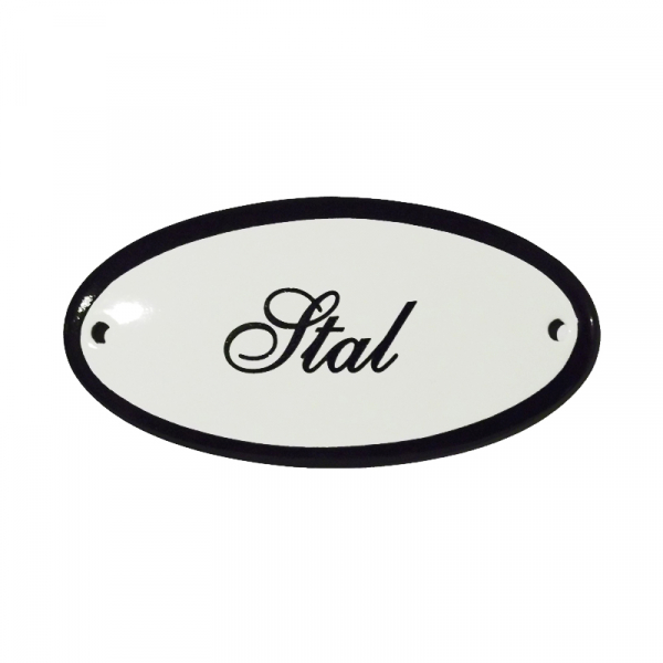 Emaille deurbordje met de tekst 'Stal'.