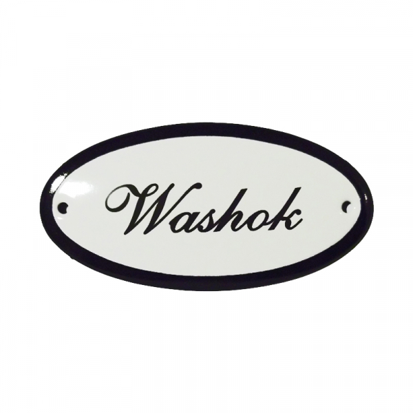 Emaille deurbordje met de tekst 'Washok'.