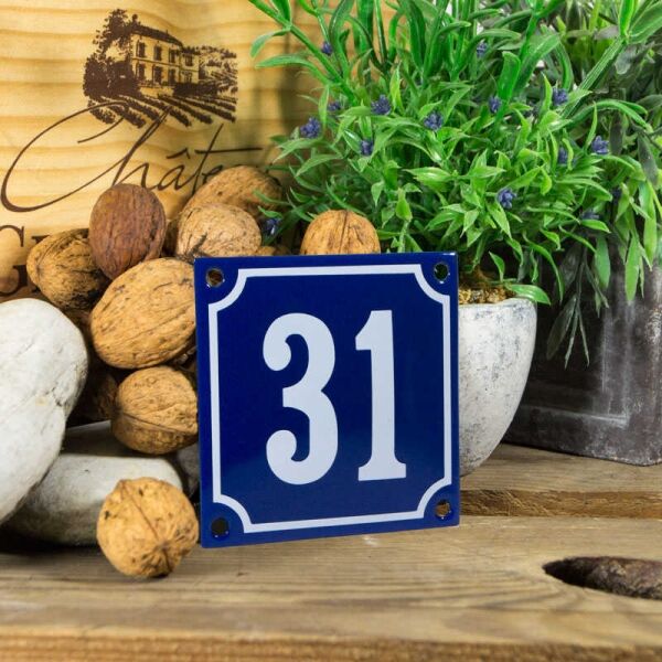 Emaille klein huisnummerbord blauw; nummer 31
