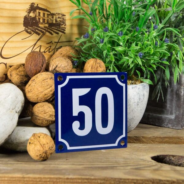 Emaille klein huisnummerbord blauw; nummer 50