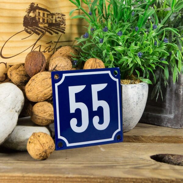 Emaille klein huisnummerbord blauw; nummer 55