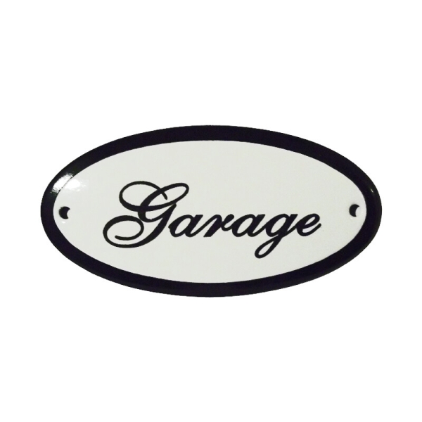 Emaille deurbordje met de tekst 'garage'.