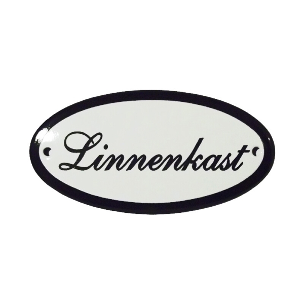 Emaille deurbordje met de tekst 'Linnenkast'.