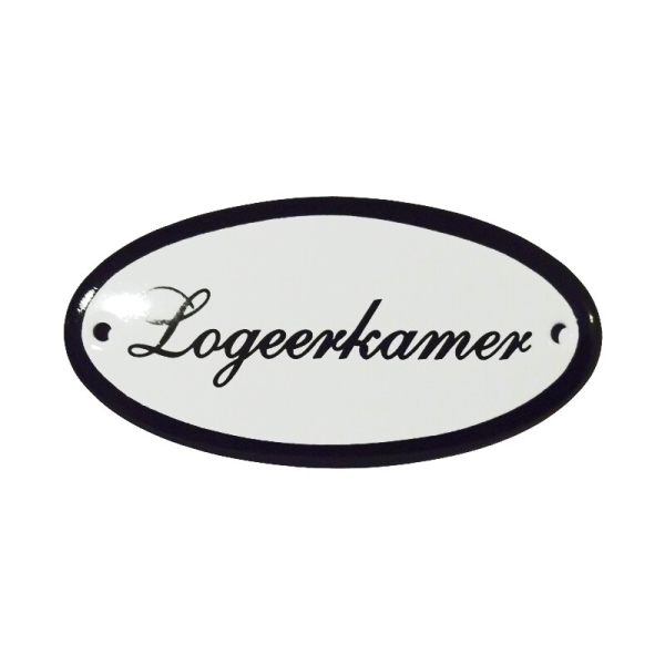 Emaille deurbordje met de tekst 'Logeerkamer'.