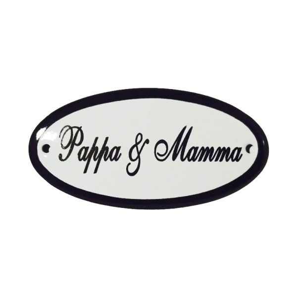 Emaille deurbordje met de tekst 'Pappa & Mamma'.