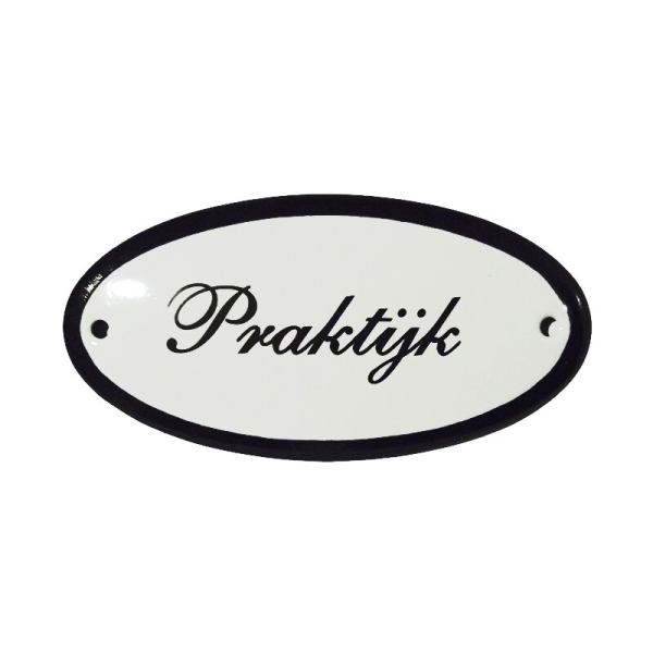 Emaille deurbordje met de tekst 'Praktijk'.