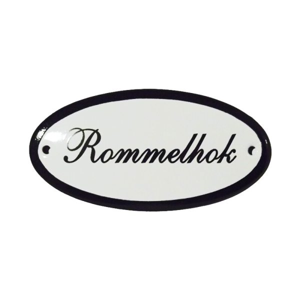 Emaille deurbordje met de tekst 'Rommelhok'.