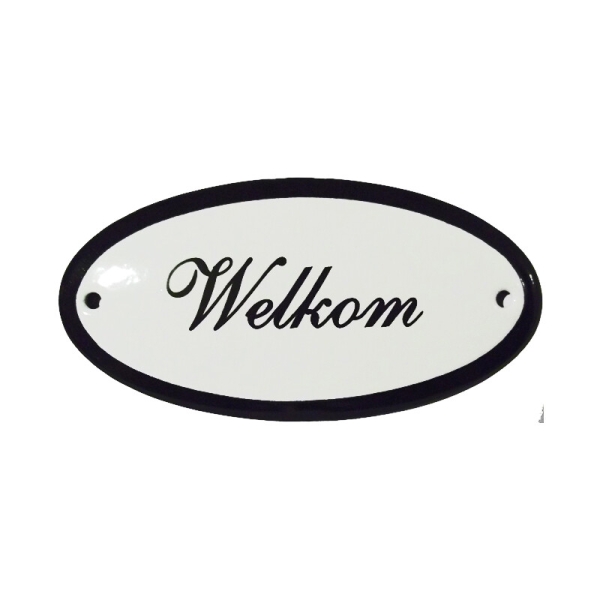 Emaille deurbordje met de tekst 'Welkom'.